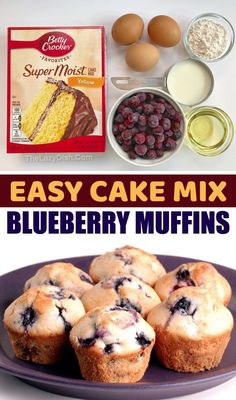 blueberry muffins on a plate with ingredients for the recipe