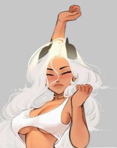 a woman with white hair and no shirt on is holding her arm up in the air