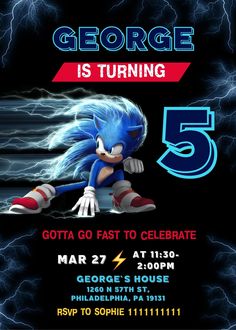 sonic the hedgehog birthday party card with lightning in the background and an image of his name