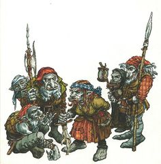 an image of four people dressed up as gnomes with spears and arrows in their hands