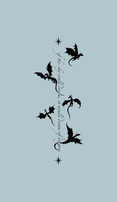 three black bats flying in the air with words written below them on a light blue background