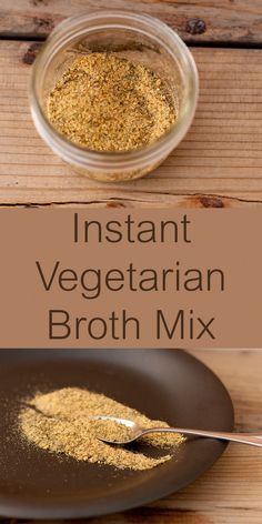 the ingredients for instant vegetarian broth mix in a glass bowl on a wooden table