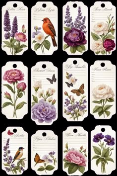 six tags with flowers and butterflies on them