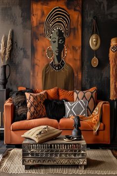 a living room with an orange couch and decorative artwork on the wall, along with rugs