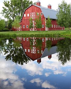 several pictures of farm buildings, water and trees