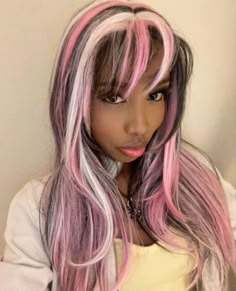 Cyvery2k Aesthetic, Blue Hair With Pink Highlights, Pink And Black Hair Black Women, Gyaru Hair Color, Pink Black And Blonde Hair, Half Pink Half Blonde Hair, Y2k Wigs, Grunge Hair Color Ideas, Mcbling Hairstyles