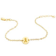 Our Childhood Cancer Awareness Bracelet was created to acknowledge and support the members of our community that have been affected by childhood cancer.  
available in gold vermeil (sterling silver base with 100+ mls of 24k gold) and sterling silver
charm is 3/8" in diameter
diamond cut chain with 1" extender, overall length of bracelet is 6.5" - 7.5" 
For the month of September, 20% of net proceeds will go towards MaxLove Project's initiatives. To learn more about the MaxLove Project please visit maxloveproject.org. Tiny Tags, Awareness Bracelet, Gold Charm, Sterling Silver Charm, Diamond Cut, Silver Charms, Gold Vermeil, Personalized Jewelry, Diamond Cuts