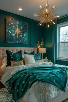 a bedroom with teal walls and white bedding, green comforter, gold stars on the headboard