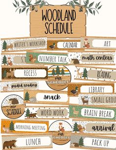 wood and schedule stickers with animals, trees, and other things to do in the woods