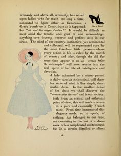 an old book with a drawing of a woman in a blue dress and pink hat