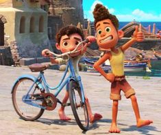 two cartoon characters standing next to each other near a bike on the beach with boats in the background