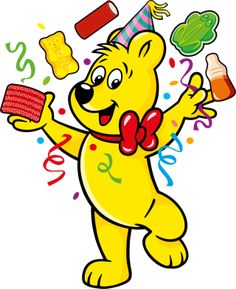 a cartoon bear celebrating his birthday with confetti