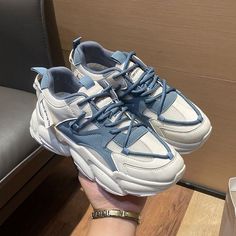 Product Title :Lace Up Chunky SneakersProduct Measurements cm Size Heel Height 35 5.5 36 5.5 37 5.5 38 5.5 39 5.5 40 5.5 35 2.2 36 2.2 37 2.2 38 2.2 39 2.2 40 2.2 Product Details Material: Upper: PU\nOutsole: Rubber Color: Blue Kawaii Store, Shoes Tennis, Sneakers Women, Sports Running, Lacing Sneakers, Sneakers Blue, Chunky Sneakers, Nike White, Trendy Fashion Women