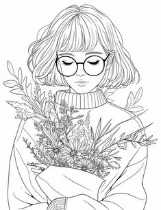 a girl with glasses holding flowers in her hands