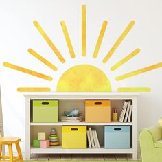 the sun is shining brightly in this children's room wall decal, which features storage bins and toy boxes