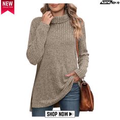 Casual and Fashionable Blouse Coffee T Shirts, Split Sweater, Fall Sweaters For Women, Oversized Turtleneck Sweater, Oversized Turtleneck, Turtle Neck Jumper, Winter Pullover, Sweater For Women, Fall Sweater