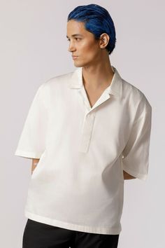 An oversized cotton casual shirt, designed with half sleeves and featuring a half-placket detail. Fit:Comfort fitColour: Off whiteFabric: Glaze cotton Summer Half Sleeve Shirt With Placket, Summer Half-sleeve Shirt With Placket, White Relaxed Fit Collared Camp Shirt, Cotton Shirt With Collared Neckline And Placket, Modern Collared Shirt For Daywear, Modern Oversized Collared Shirt, White Collared Top With Placket, Oversized Half Sleeve Summer Shirt, White Casual Half Sleeve Shirt