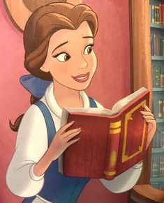 the princess is reading a book in front of bookshelves