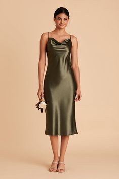 Lisa Olive Satin Cowl Neck Midi Bridesmaid Dress | Birdy Grey Olive Bridesmaid Dress, Olive Bridesmaid Dresses, Olive Green Bridesmaid Dresses, Birdy Grey, Olive Dress, Boho Hat, Slouchy Sweater, Green Bridesmaid, Green Bridesmaid Dresses