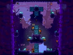 an old - school video game with purple and blue colors, in the middle of a dark