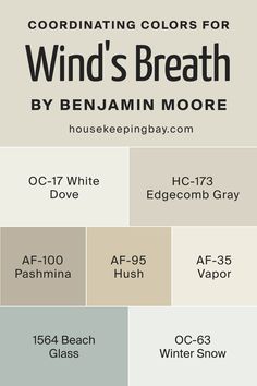 Wind's Breath 981   Coordinating Colors by Benjamin Moore Bm Edgecomb Gray Coordinating Colors, Winds Breath Benjamin Moore, Benjamin Moore Winds Breath, Edgecomb Grey, Winds Breath, Benjamin Moore Pashmina, Colours That Go With Grey, Hoarder House, Serene Spaces