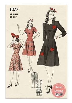 two women's dresses, one with hearts on it and the other in red