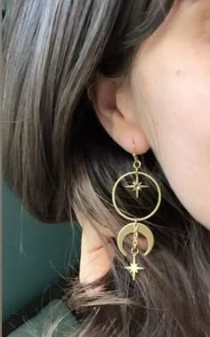 Witchy Boho Jewelry, Moon Inspired Jewelry, Star Themed Jewelry, Drop Star Earrings, Witch Jewelry Aesthetic, Moon Dangle Earrings, Moon Themed Outfits, Earrings Moon And Star, Moon Jewelry Aesthetic