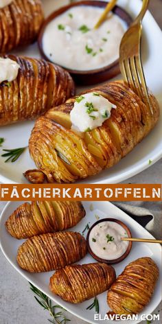 two plates filled with baked potato wedges and dip