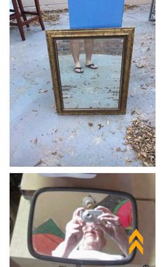 the reflection of a person taking a selfie in front of a mirror and an image of a woman's legs