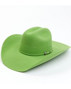 2X wool construction. Cattleman crease. Matching hat band with three-piece silver-tone self band buckle set. Solid lime green design. Green Cowboy Hat, Rodeo Hats, Dan Post Boots Woman, Dingo Boots, Justin Boots Men, Boys Cowboy Boots, Justin Boots Womens, Kids Cowboy Boots, Equestrian Riding Boots