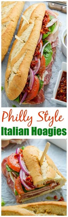 this is a collage of different types of italian hoagies with text overlay that reads, philly style italian hoagies