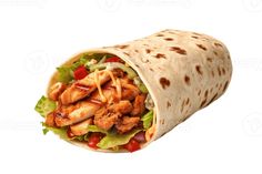 a burrito filled with chicken and lettuce on top of a white background