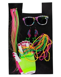 a black bag with sunglasses, beads and other items on the front that includes neon colored hair