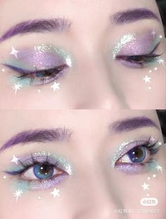 Purple Star Makeup, Space Inspired Makeup, Purple Mermaid Makeup, Eye Makeup Concert, Make Up Eye Looks, Grape Makeup, Purple Blue Makeup, Eye Makeup For Small Eyes, Space Make Up