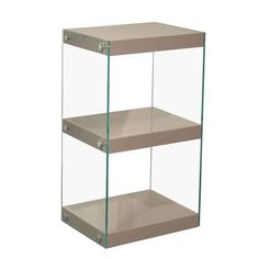 three tiered glass display case with metal fittings on the sides and bottom shelves