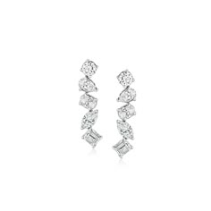 Ross-Simons - 1.00ct t. w. Multi-Shaped Lab Grown Diamond Linear Drop Earrings. An RS exclusive. Our dazzling drop earrings break tradition in the most fabulous ways! Indulge in impressive 1.00 ct. t. w. emerald-cut, marquise, oval, pear-shaped and round brilliant-cut lab-grown diamonds in an opulent, off-kilter linear design that comes at an outstanding value. Finely crafted in polished 14kt white gold. Lab-grown diamonds are identical to mined diamonds according to their optical, physical and Diamond Earrings Design, Pure Design, Diamond Birthstone, Linear Design, Diamond Drops, Diamond Drop Earrings, Fine Jewellery Earrings, Diamond Crystal, Quality Diamonds