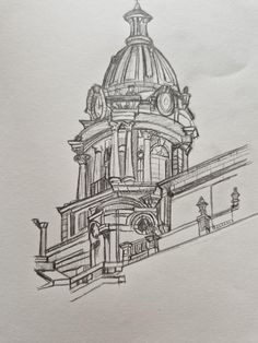 a drawing of a building with a clock on it's side and stairs leading up to the top