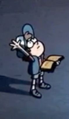 a cartoon character holding a piece of paper in one hand and an object in the other