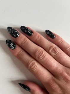 Black Gel Polish Designs, Black Fun Nails, Goth Engagement Nails, Luna Moth Nail Art, Black Biab Nail Designs, Goth Bride Nails, Starcatcher Nails, Black Base Nails, Dark Celestial Nails