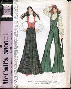 Vintage Clothes Patterns, Skirt And Pants, 1970s Sewing Patterns, Flare Maxi Skirt, Vest Skirt, Gored Skirt, 60s And 70s Fashion, 70s Outfits, Pants Sewing Pattern