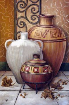 a painting of two vases sitting on a tile floor