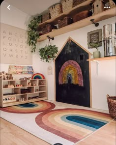 a child's playroom with rainbow rugs and shelves