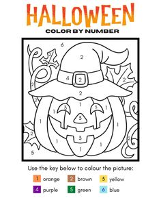 a coloring page with an image of a pumpkin wearing a witch's hat and the words halloween color by number