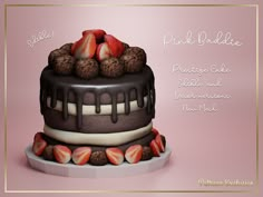 a chocolate cake with strawberries on top and the words pink palace written in white