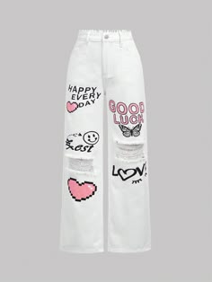 White  Collar  Denim Cartoon,Geometric,Heart,Letter,Slogan Straight Leg Embellished Non-Stretch  Tween Girls Clothing Tiktok Pants, Cute Shein Clothes, Spiderman Jeans, Baggy Denim Jeans With Letter Print, Jeans With Hearts On Them, Shein Graphic Jeans, Hello Litty Jeans, Black And White Clothes