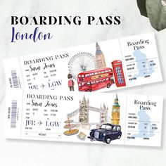 two boarding cards with london and big ben in the background text reads boarding pass london