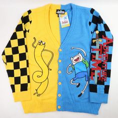 Adventure Time Cardigan Sweater Adult Small Finn Jake Embroidered Sweatshirt NEW Measurements in photos Whether it's saving princesses from the Ice King or jammin' out with Marceline, there's always something fun to do in the Land of Ooo! This split yellow and blue Adventure Time cardigan features Jake and Finn embroidered on the front. The sleeves have a black checkered design, plus the show's name embroidered on one side. 100% acrylic Wash cold; dry flat Listed in men's/unisex sizes Finn Jake, Land Of Ooo, Checker Design, Ice King, Embroidered Sweatshirts, Brands Outlet, Adventure Time, Sweater Cardigan, Sweater Outfits