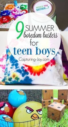 some colorful pillows and other items with the words 9 summer boredoms for teen boys