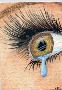 a drawing of an eye with long lashes and blue water dripping from the iris's tear