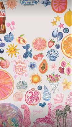 an assortment of different fruits and vegetables on a white background with pink, blue, yellow, orange, and green accents